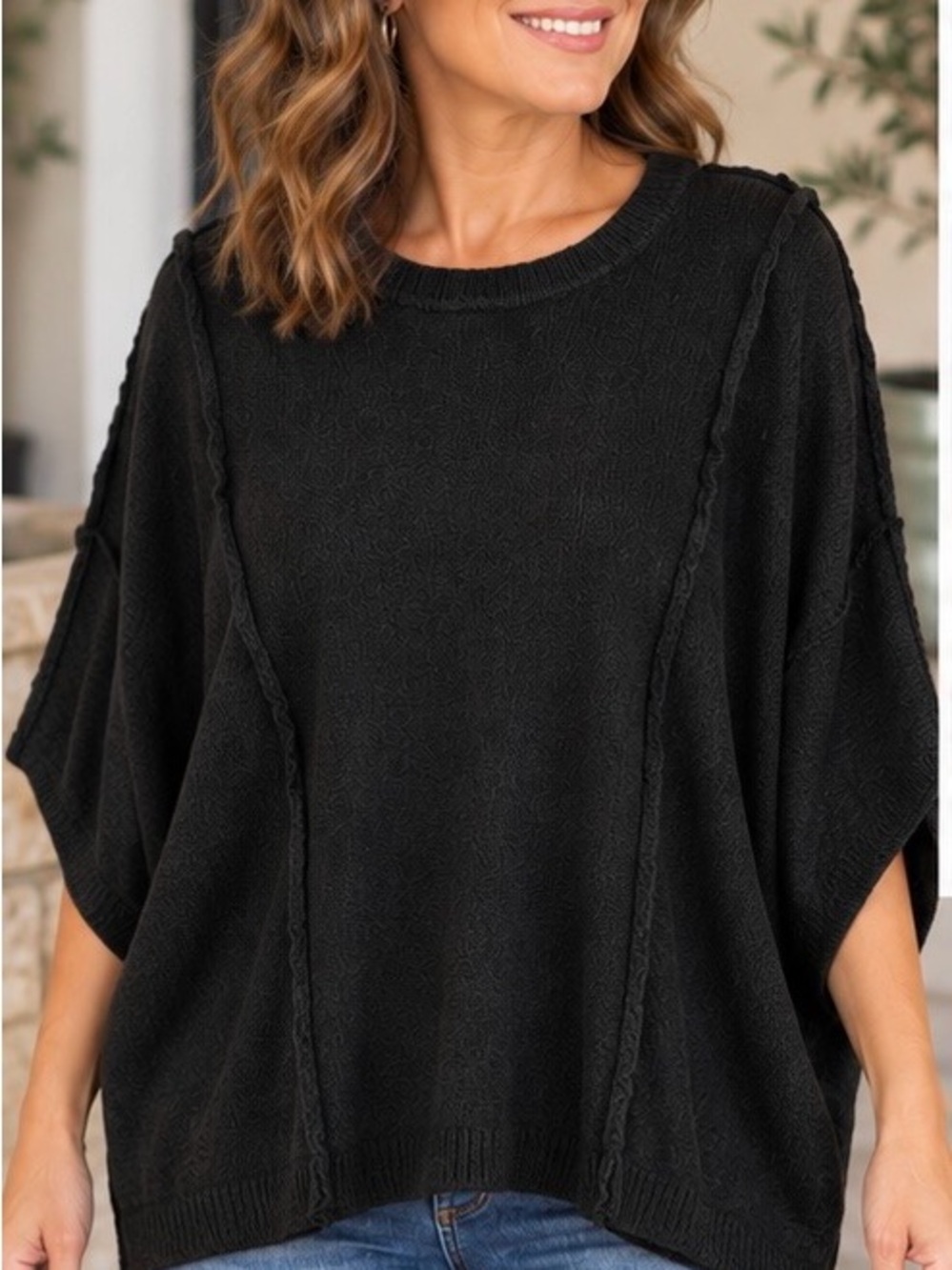 Zenana Outfitters Black Cable-Trim Crew Neck Dolman Sleeve Sweater NWOT
